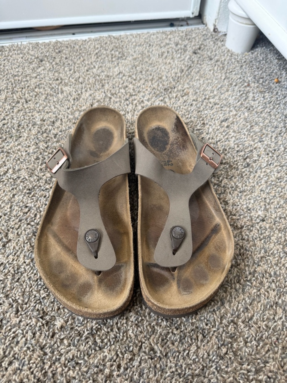 Birkenstock Taupe Thong Sandals with Rose Gold Buckles
